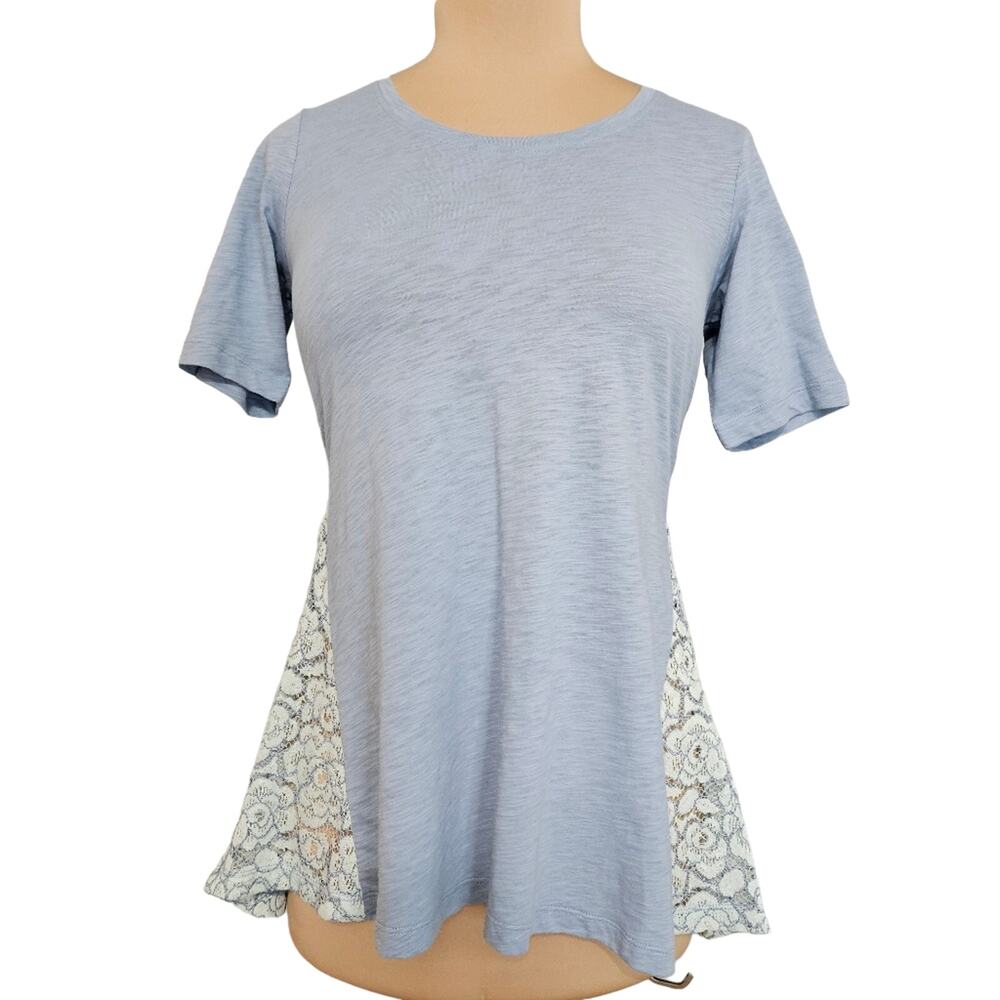 LOGO Lori Goldstein Top XXS Feminine Cottagecore Lace Lagenlook Blue Cotton